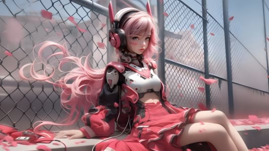 粉红色头发耳机动漫机甲女孩