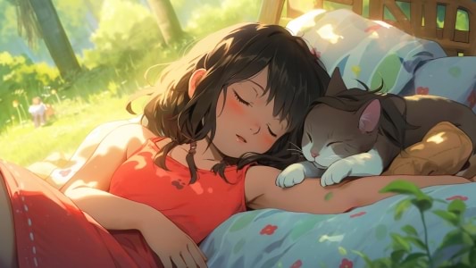 宁静动漫女孩与猫
