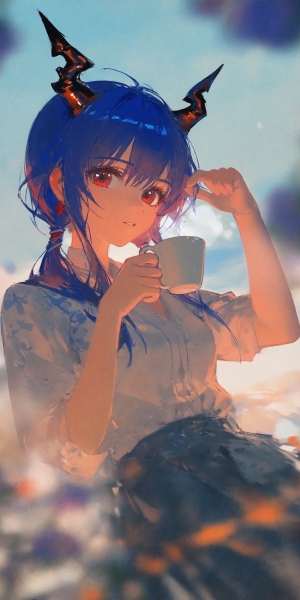 蓝发少女的咖啡时光2K手机壁纸