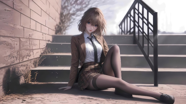 台阶旁的制服少女5K电脑壁纸