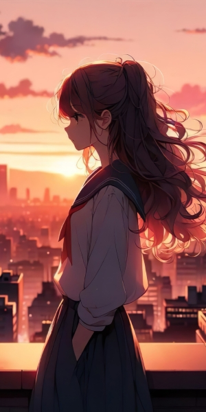 少女的城市剪影4K手机壁纸