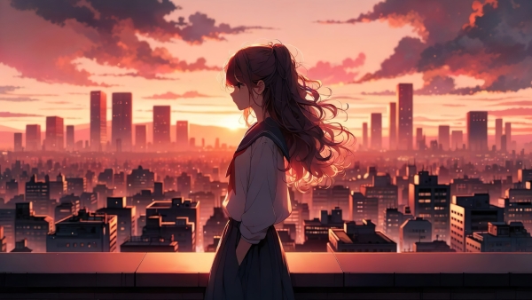 都市暮色中的动漫少女