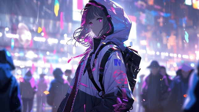 霓虹雨夜中的赛博朋克女孩