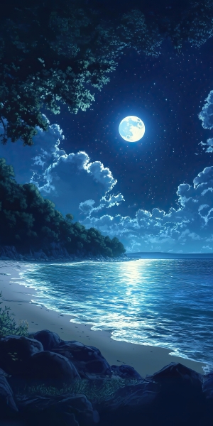 月光下的海滩风景动漫2K手机壁纸