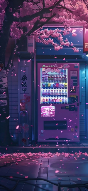 樱花飞舞的夜晚风景2K手机壁纸