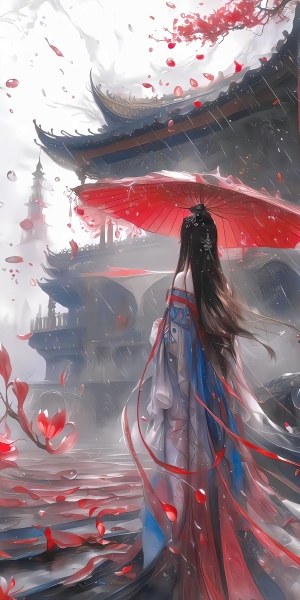 国风雨中红伞少女2K手机壁纸