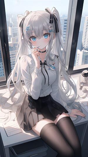 银发蓝瞳少女都市4K动漫手机壁纸