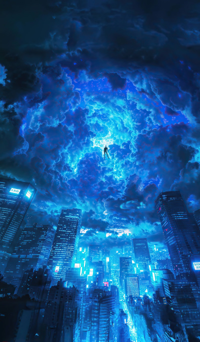 蓝色幻想都市4K动漫手机壁纸