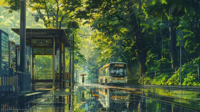 雨中巴士站唯美动漫风景4K电脑壁纸
