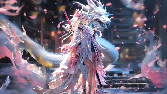 唯美樱花武士少女5K壁纸