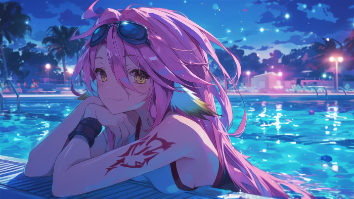 夏夜泳池粉发动漫少女4K壁纸