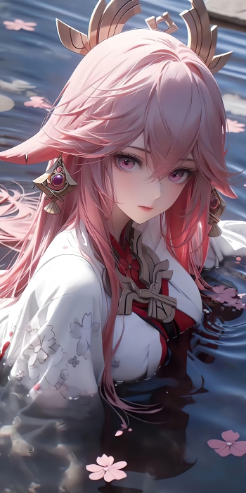 二次元·八重神子樱雨春日2K壁纸