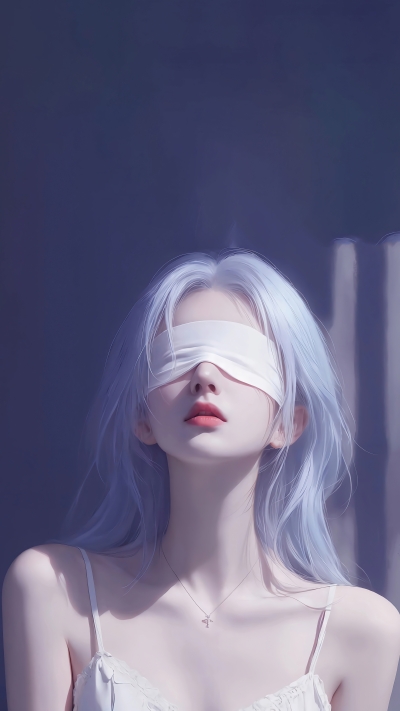 蒙眼白发少女5K壁纸