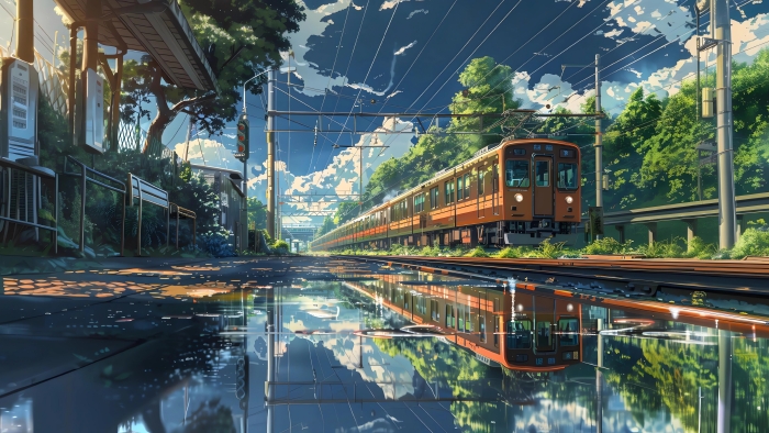 宁静夏日动漫乡村铁道风景5K壁纸