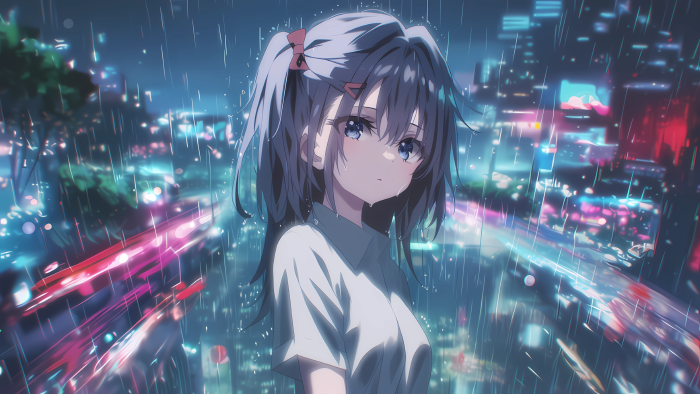 雨夜霓虹中的动漫少女 | 高清4K电脑壁纸
