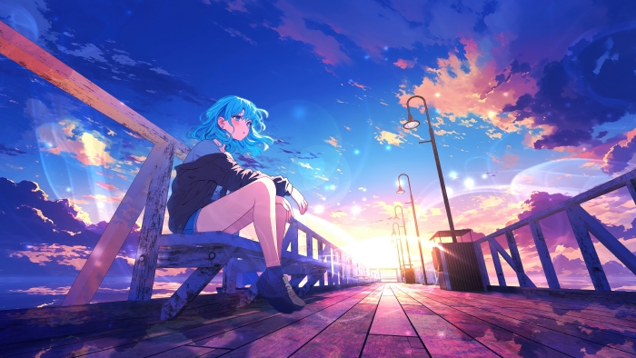 日出栈桥上的蓝发动漫少女 | 4K唯美电脑壁纸