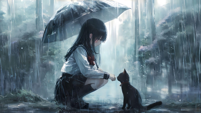 雨中邂逅 少女与黑猫治愈系壁纸
