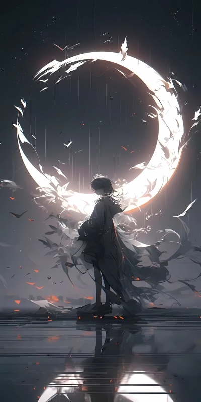 梦幻月夜：动漫女孩5K手机壁纸的唯美意境