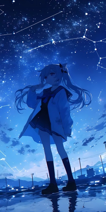 AI绘画动漫5K手机壁纸 – 星空与少女的唯美碰撞