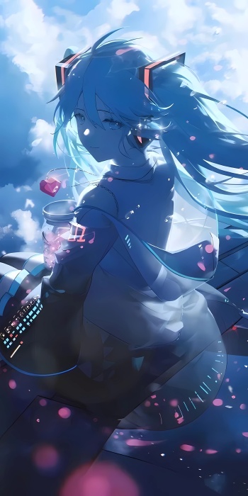 初音未来动漫5K手机壁纸 – 蓝天与音乐的奇幻相遇