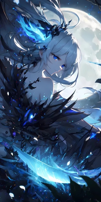 动漫5K手机壁纸：月夜下的神秘少女