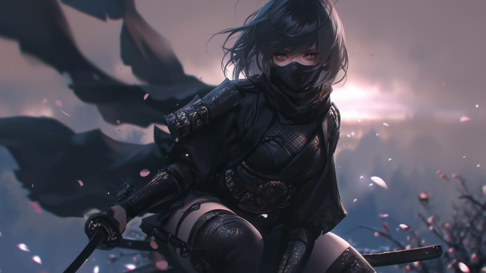 忍者女孩动漫4K电脑壁纸：暗夜魅影，樱花下的飒爽英姿