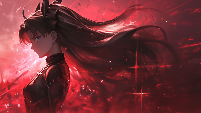 动漫少女8K电脑壁纸：烈焰红韵，飘逸长发的冷艳魅力