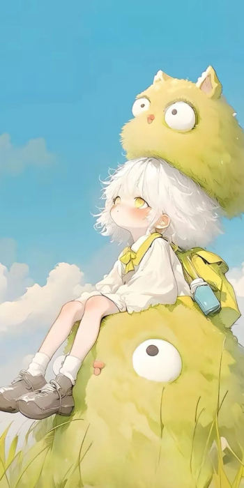 胖萌宠物和可爱小女孩卡通2K手机壁纸：清新夏日的温馨时光