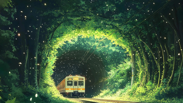 动漫5K电脑壁纸：林间隧道的梦幻之旅