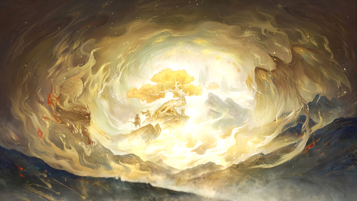 仙侠奇幻修仙场景4K电脑壁纸：金色神树与神兽共舞