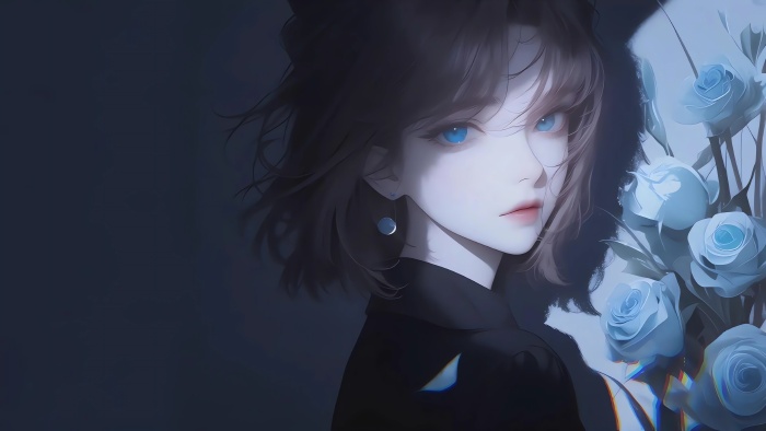 深色短发女性唯美4K电脑壁纸：蓝玫瑰与静谧氛围
