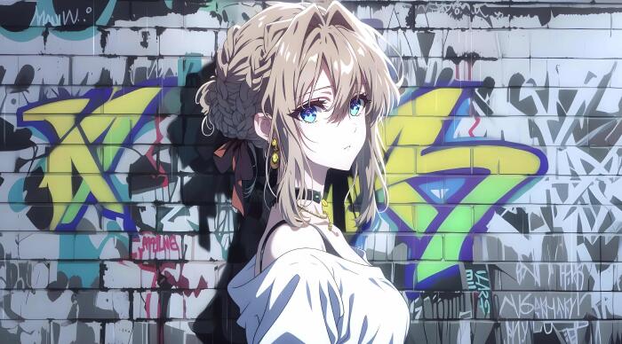 金发女孩动漫4K电脑壁纸：街头涂鸦与时尚魅力