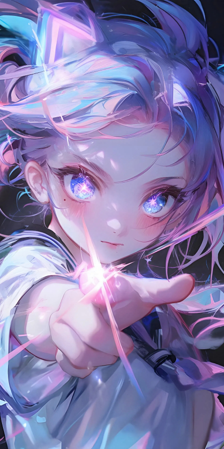 蓝紫发色魔法少女5K手机壁纸：梦幻光芒与星辰之瞳