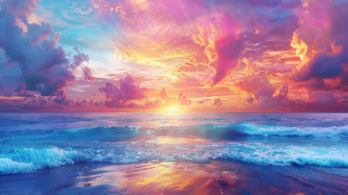 AI绘画海景4K电脑壁纸：霞光海浪与宁静绚烂