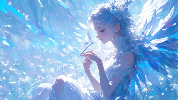 AI绘画精灵少女4K电脑壁纸：蓝色羽翼与梦幻花丛