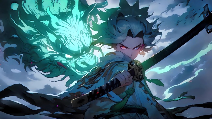 灰蓝发少年4K电脑壁纸：长刀与幽绿巨龙的奇幻对决
