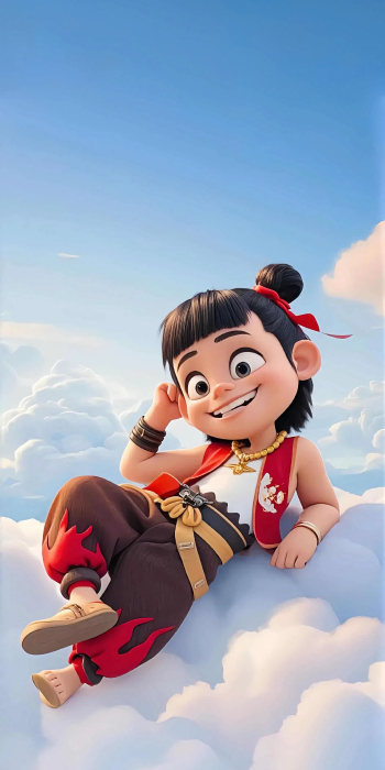 《哪吒之魔童降世》哪吒2K手机壁纸：俏皮丸子头与云端欢乐