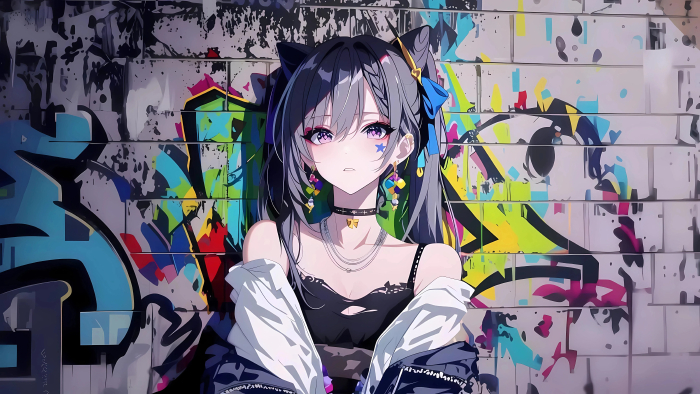 AI绘画《原神》刻晴5K电脑壁纸：涂鸦街头与潮流