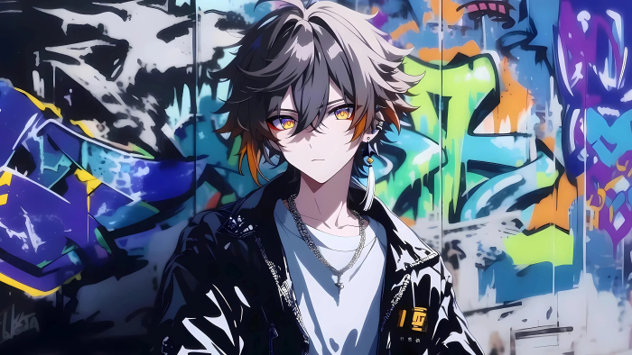 AI绘画潮流少年5K电脑壁纸：涂鸦街头与时尚魅力