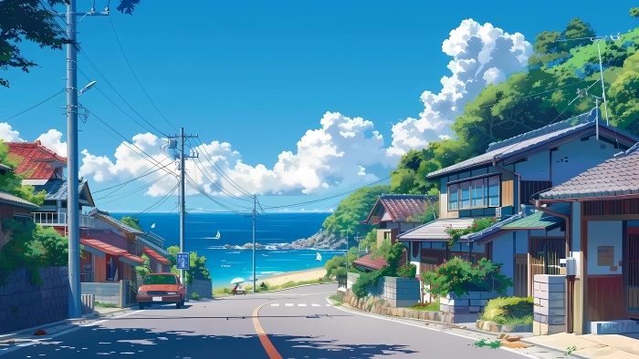 动漫风景5K电脑壁纸：海滨小镇与悠闲时光