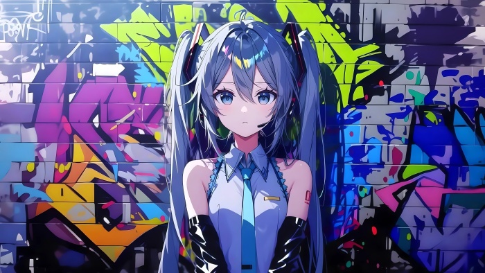 AI绘画初音未来4K电脑壁纸：街头涂鸦与潮流双马尾
