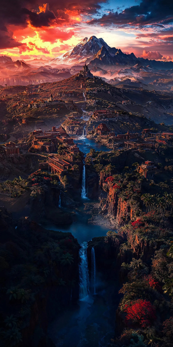 奇幻异世界5K手机壁纸：雪山晚霞与神秘桃源