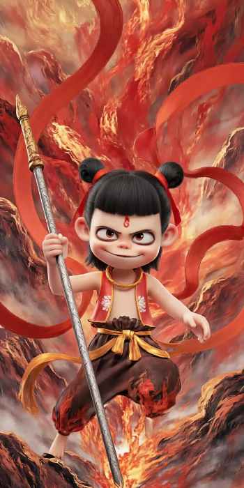 《哪吒之魔童闹海》哪吒2K手机壁纸：烈焰长枪与英勇无畏