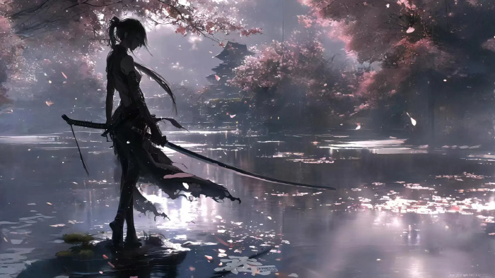 樱花武士2K电脑壁纸：长刀剪影与静谧孤寂