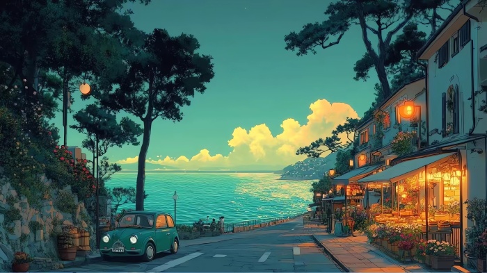 治愈系海边街道2K电脑壁纸：复古小车与温馨花店