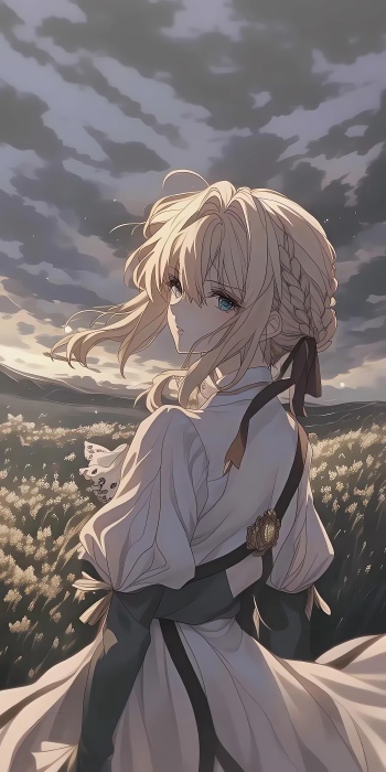 金色长发少女2K手机壁纸：白花田野与静谧忧伤