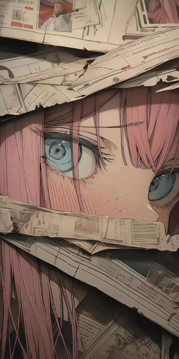 粉色头发女孩2K手机壁纸：撕裂报纸与神秘压抑