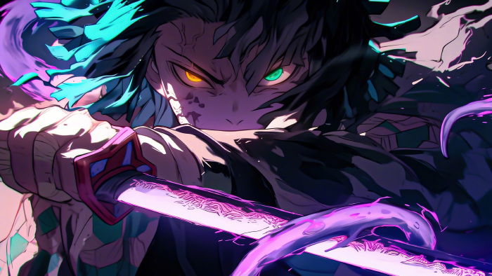 《鬼灭之刃》炭治郎2K电脑壁纸：双色异瞳与紫光剑魄