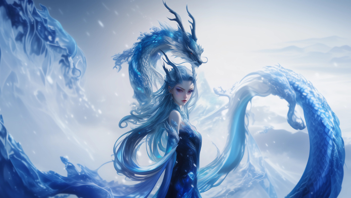 《哪吒之魔童闹海》敖闰4K动漫壁纸：蓝色神龙与冷艳龙女的奇幻盛宴