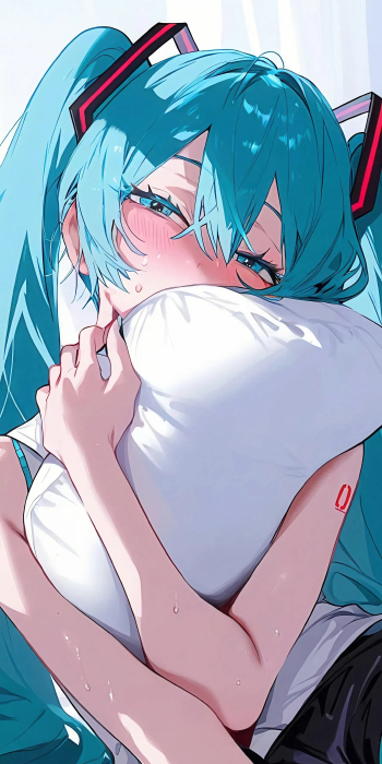 初音未来2K手机壁纸：蓝发少女与温馨抱枕